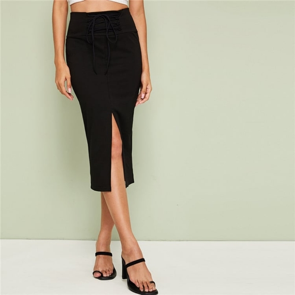 Lace Up Wide Waistband High Split Skirt - Picture 3 of 12